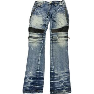 Embellish Blue Denim Jeans Washed Look Zippers Black Ruffled‎ Panels Size 32/32